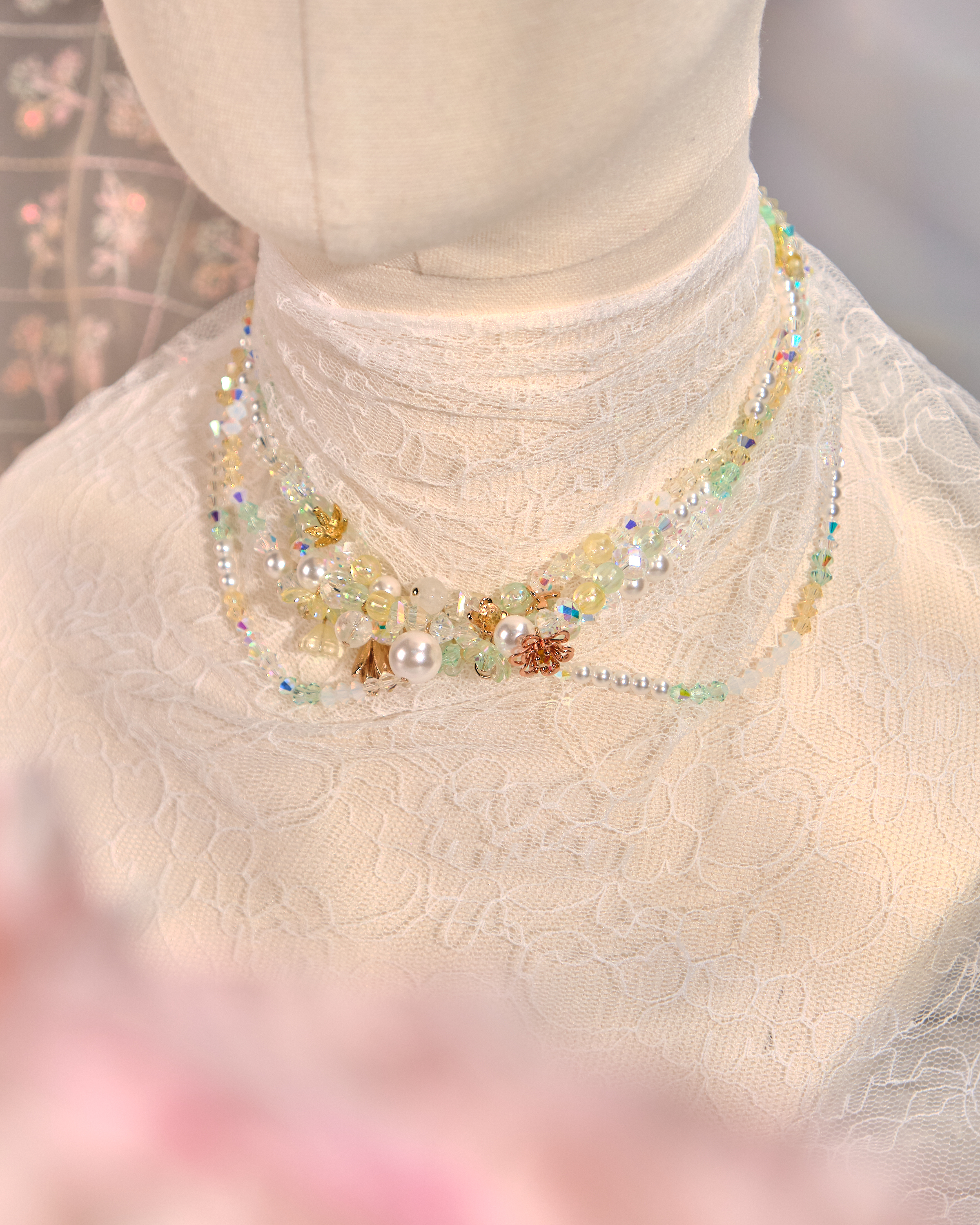 12144 蝴蝶結花球泡泡串珠頸鏈