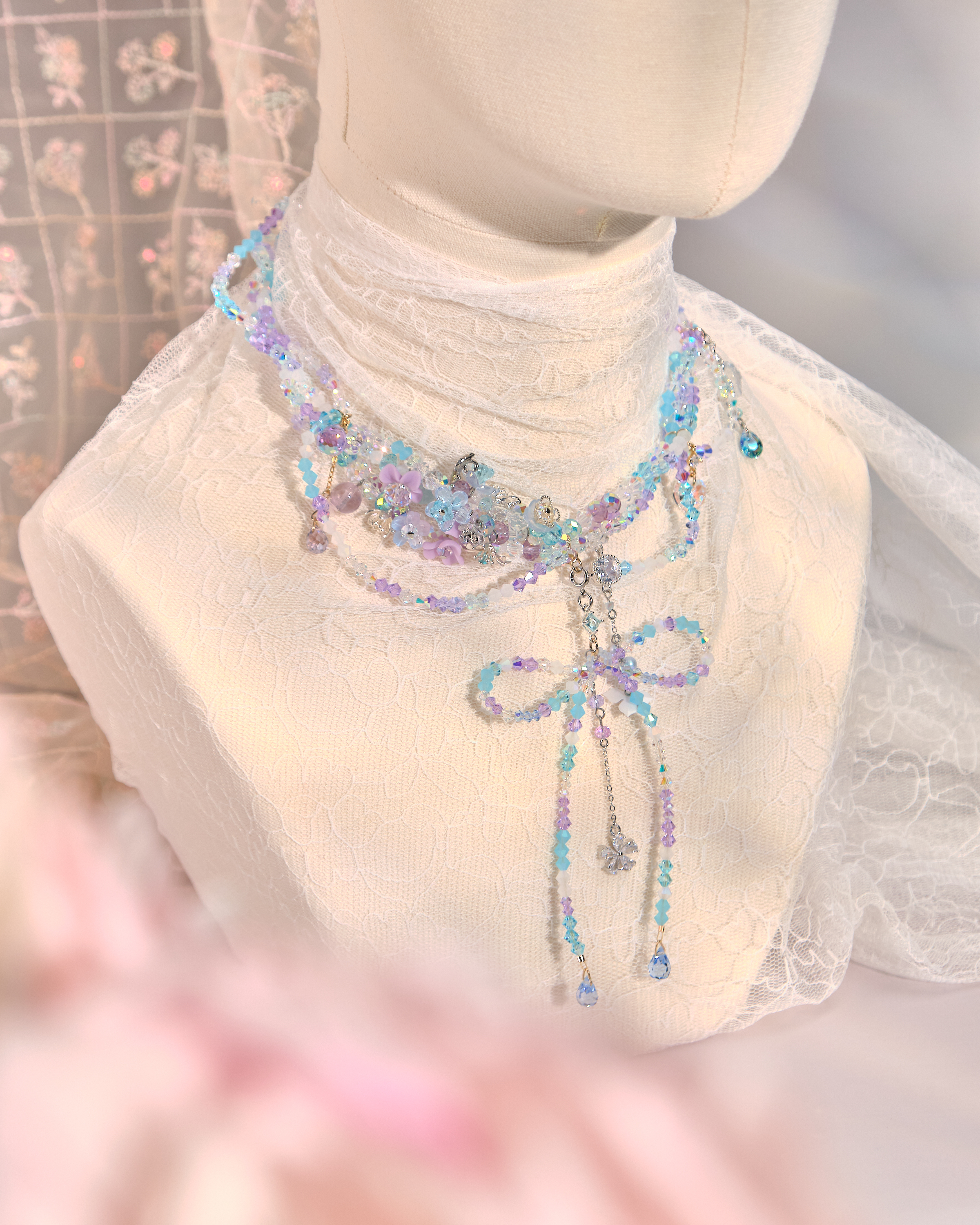 12143 蝴蝶結花球泡泡串珠頸鏈