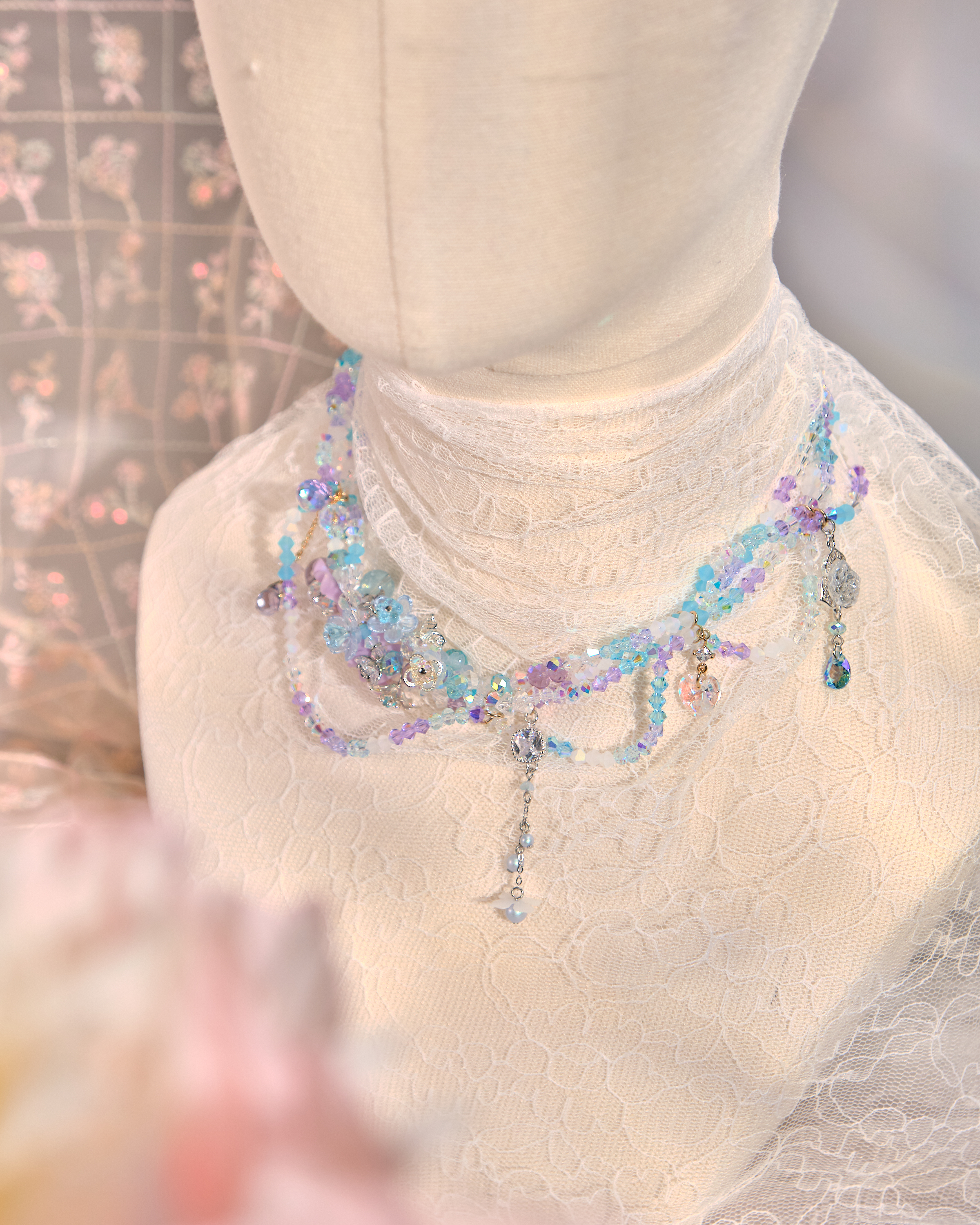 12143 蝴蝶結花球泡泡串珠頸鏈