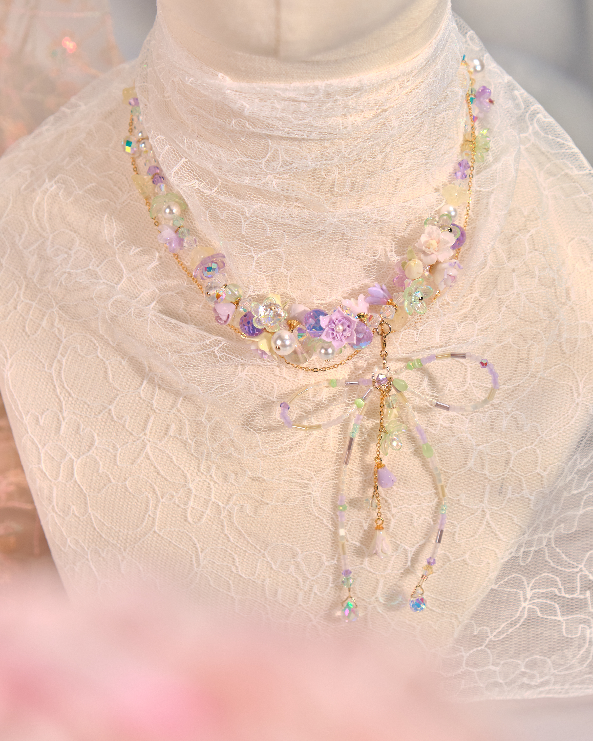 12141 蝴蝶結花球泡泡串珠頸鏈