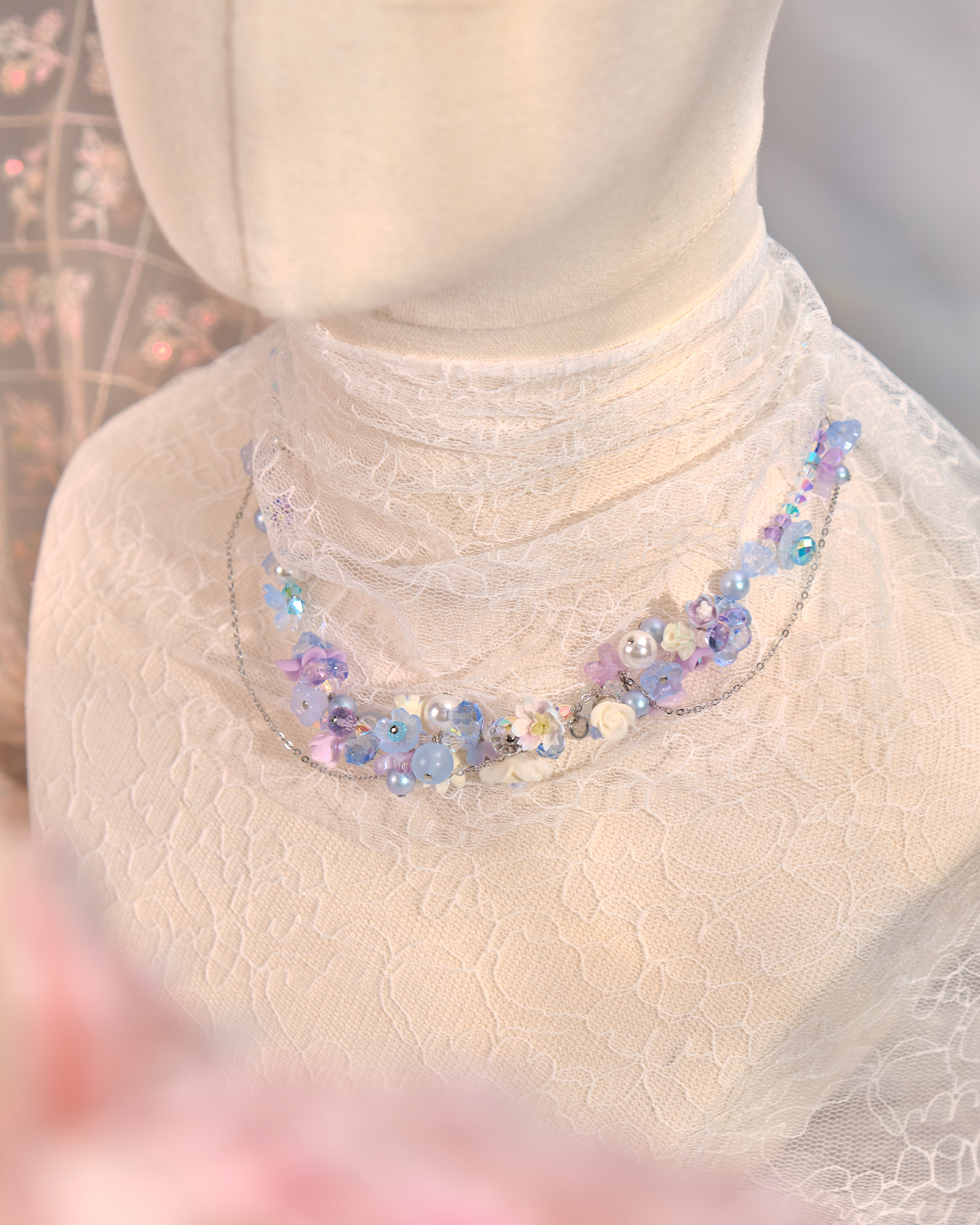 12140 蝴蝶結花球泡泡串珠頸鏈