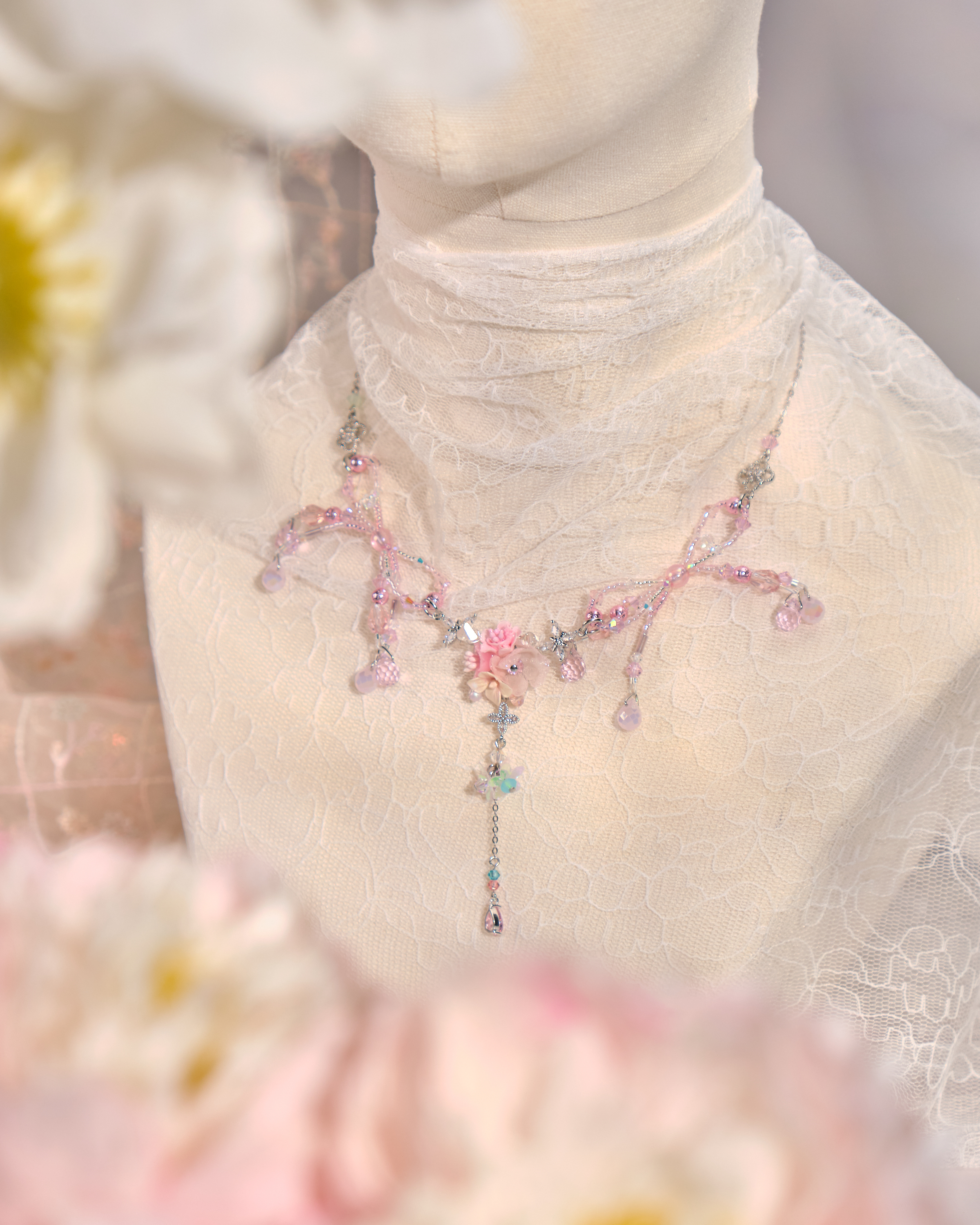 12139 蝴蝶結花球串珠頸鏈