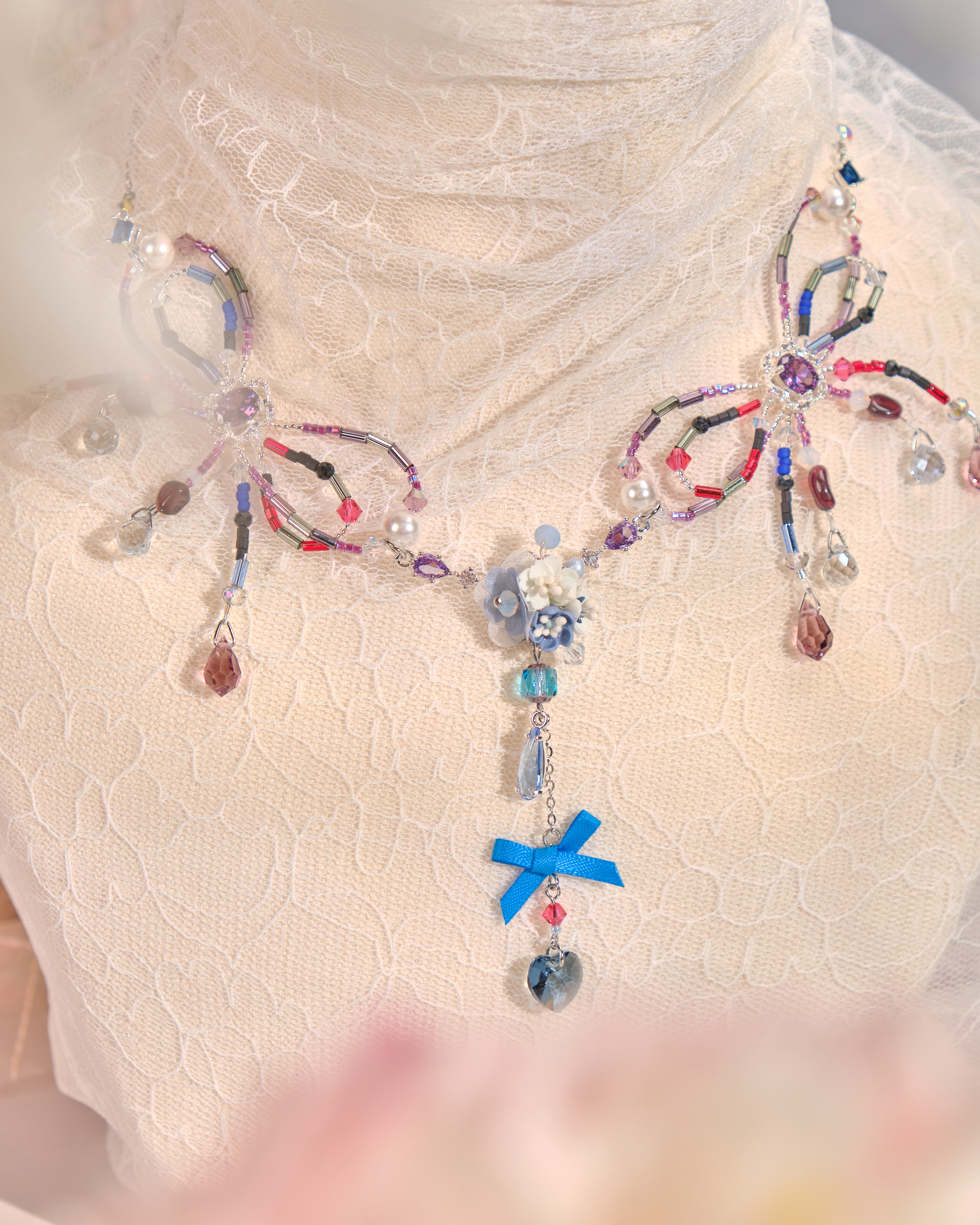 12137 蝴蝶結花球串珠頸鏈