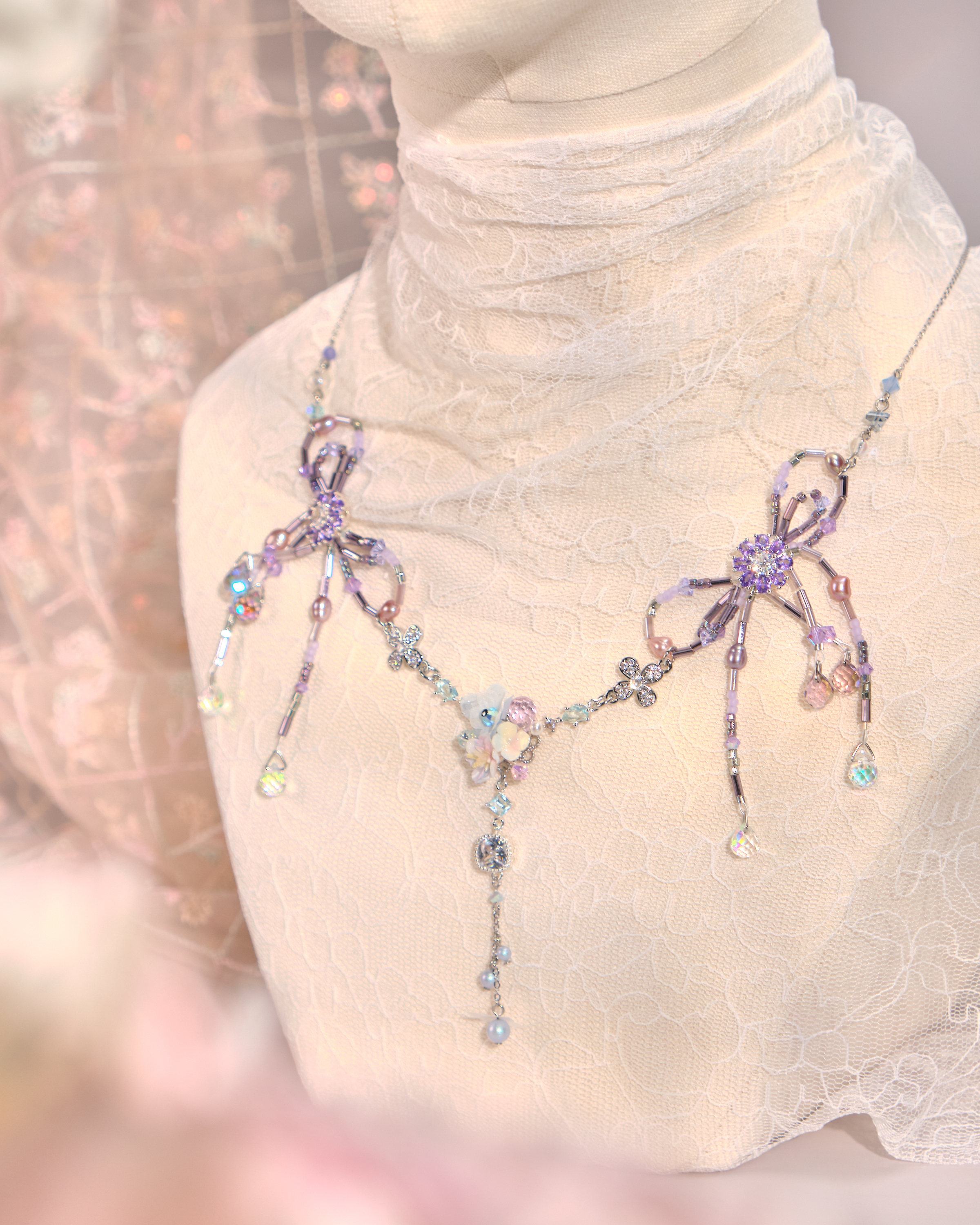 12136 蝴蝶結花球串珠頸鏈