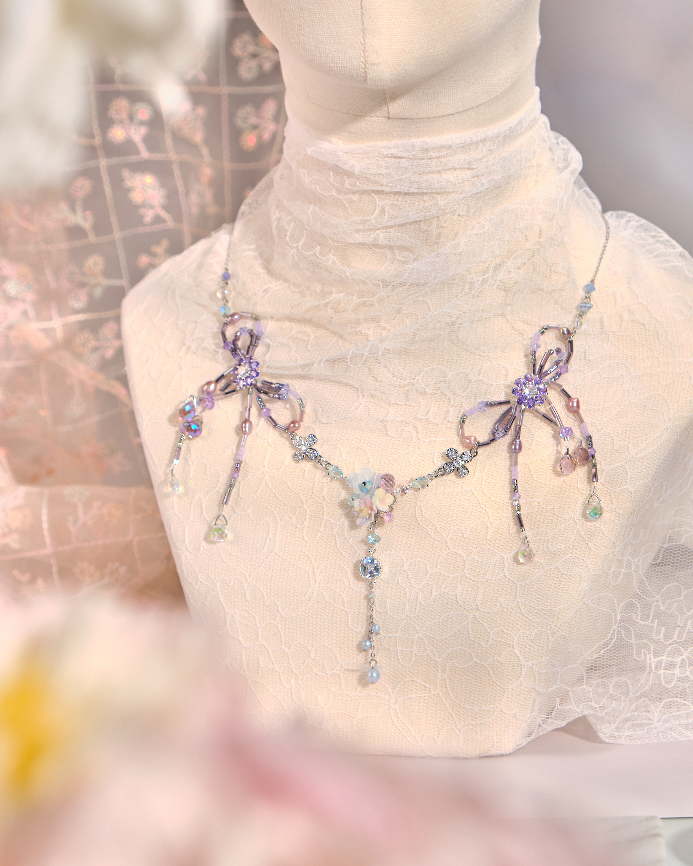 12136 蝴蝶結花球串珠頸鏈