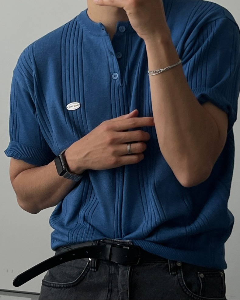 小銀標羅紋亨利領短袖針織衫