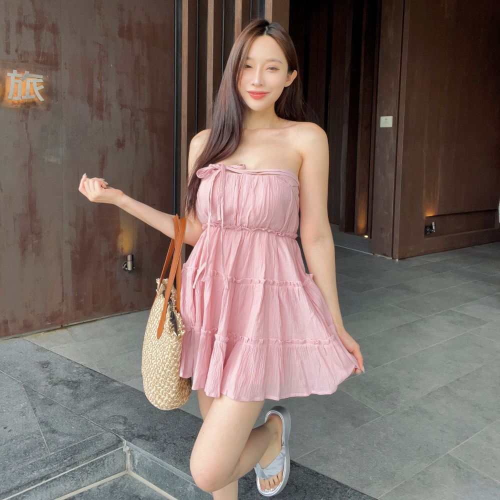 【度假女主角】DOMISS多種穿法綁帶洋裝! 立體抓皺背心裙 洋裝-4色(現貨)