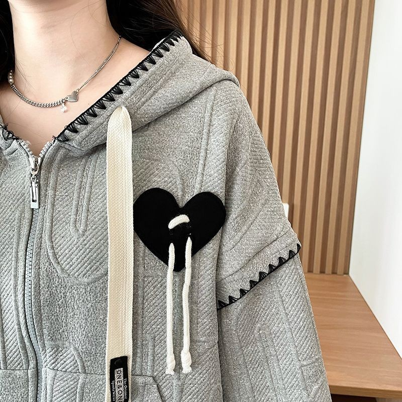 Cropped Colorblock Hoodie Jacket with Heart Drawstring Detail
