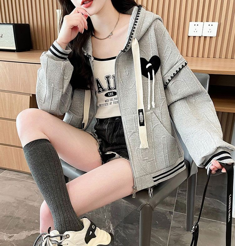 Cropped Colorblock Hoodie Jacket with Heart Drawstring Detail