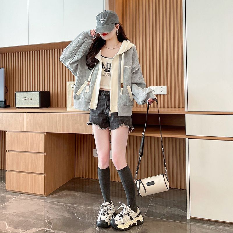 Hooded Drawstring Colorblock Zip-Up Jacket