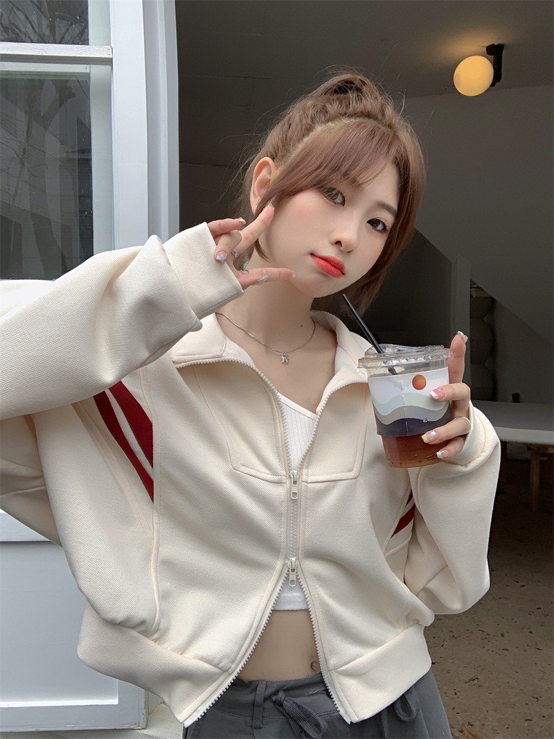 Vintage American-Style Cropped Stand Collar Sweatshirt Jacket