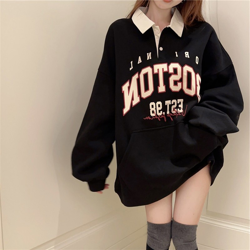 Korean Preppy Style Polo Collar Slouchy Sweatshirt