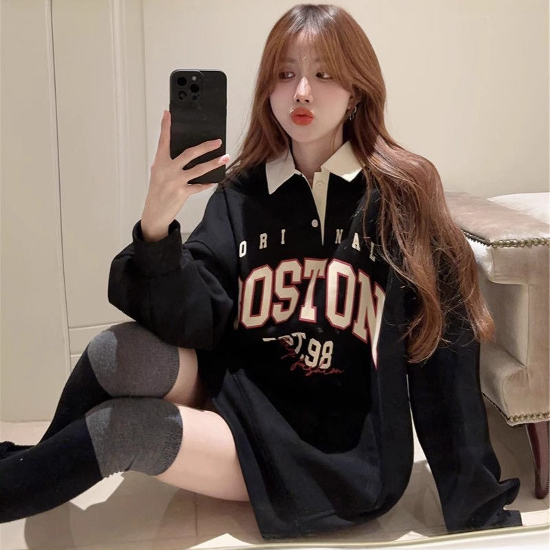 Korean Preppy Style Polo Collar Slouchy Sweatshirt