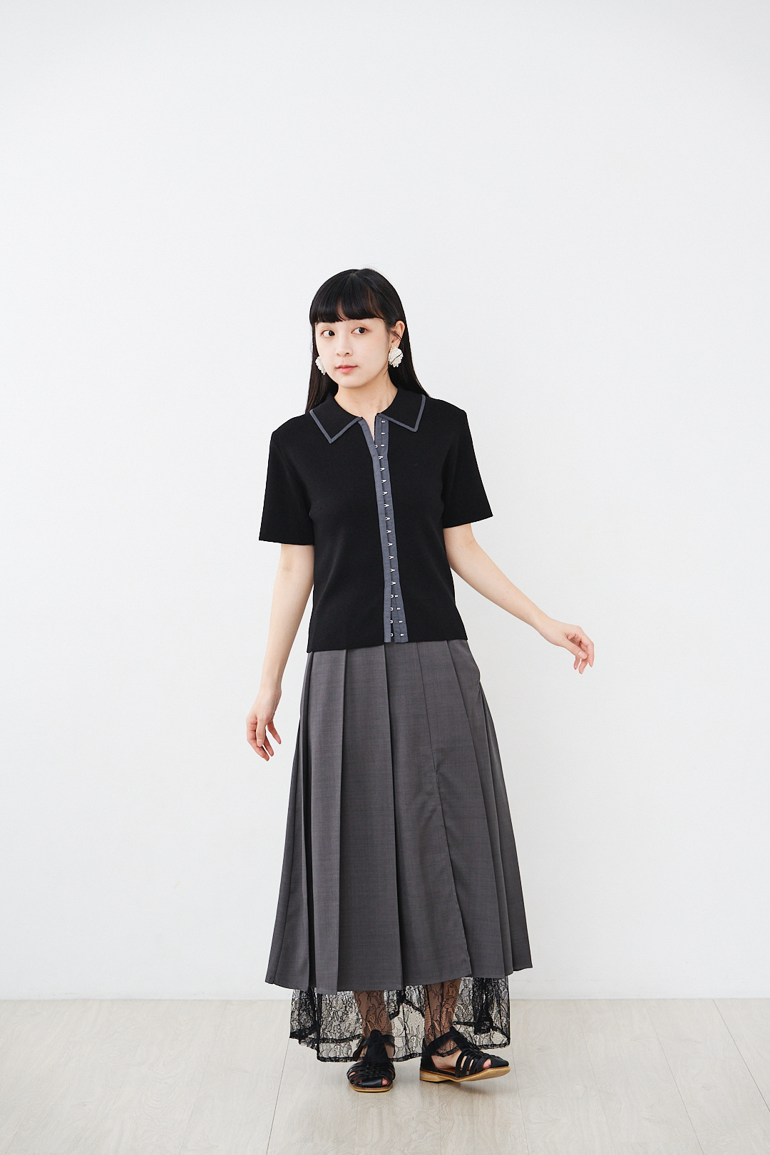 (限量)冰淇淋融化前！配色鉤針開衫上衣(三色-濃黑)