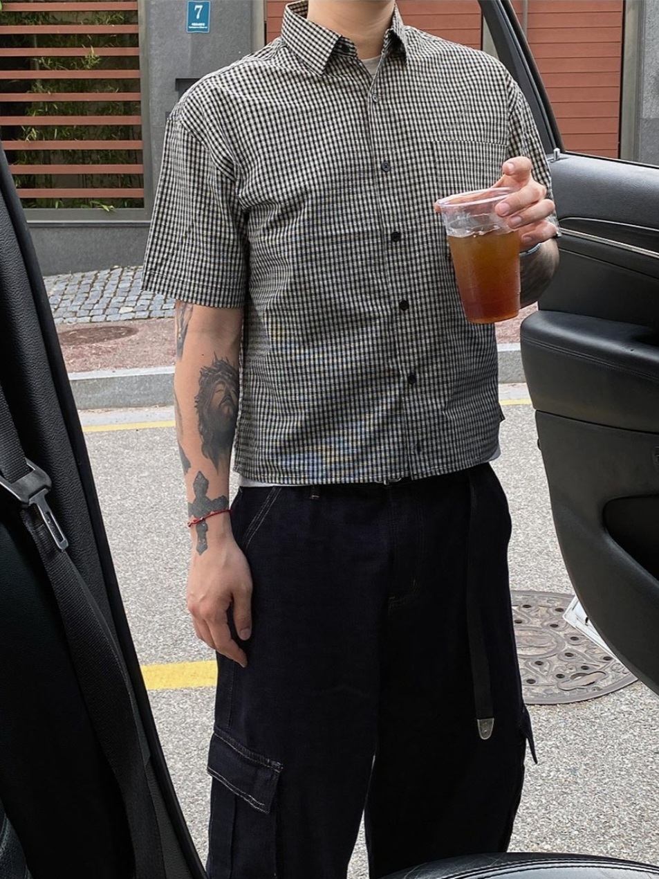 細格紋短款短袖襯衫