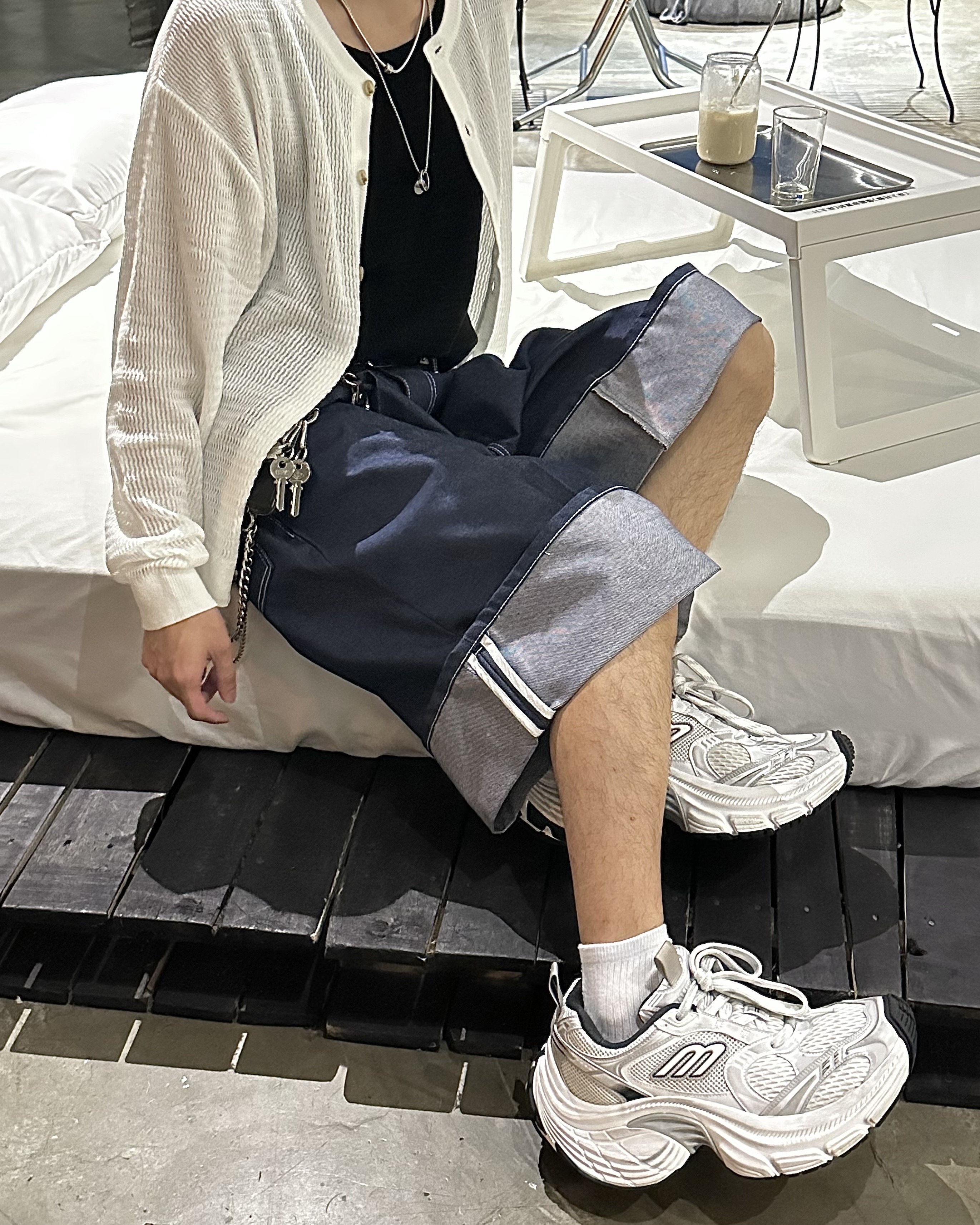 𝐇·𝐓·𝐒 韓國 百慕達 立體反摺 條紋 反車線 丹寧 復古 七分 牛仔短褲