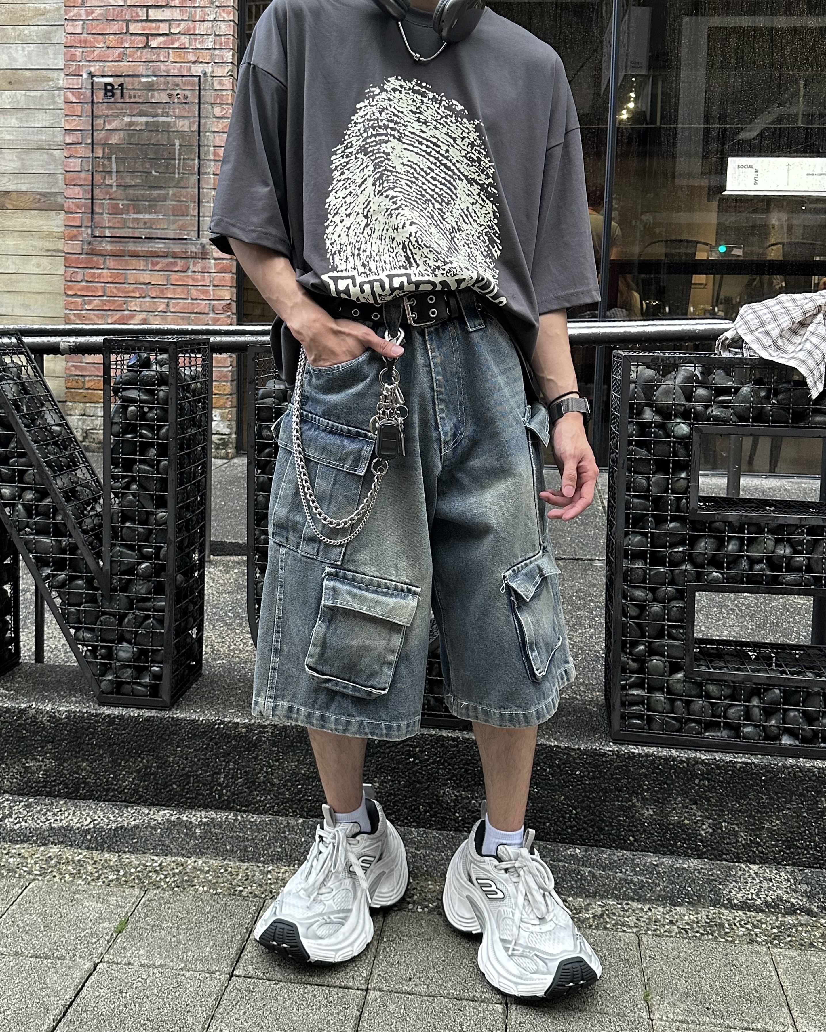 𝐇·𝐓·𝐒 韓國 重工業設計 復古水洗 多口袋 仿舊 丹寧 七分 牛仔 短褲