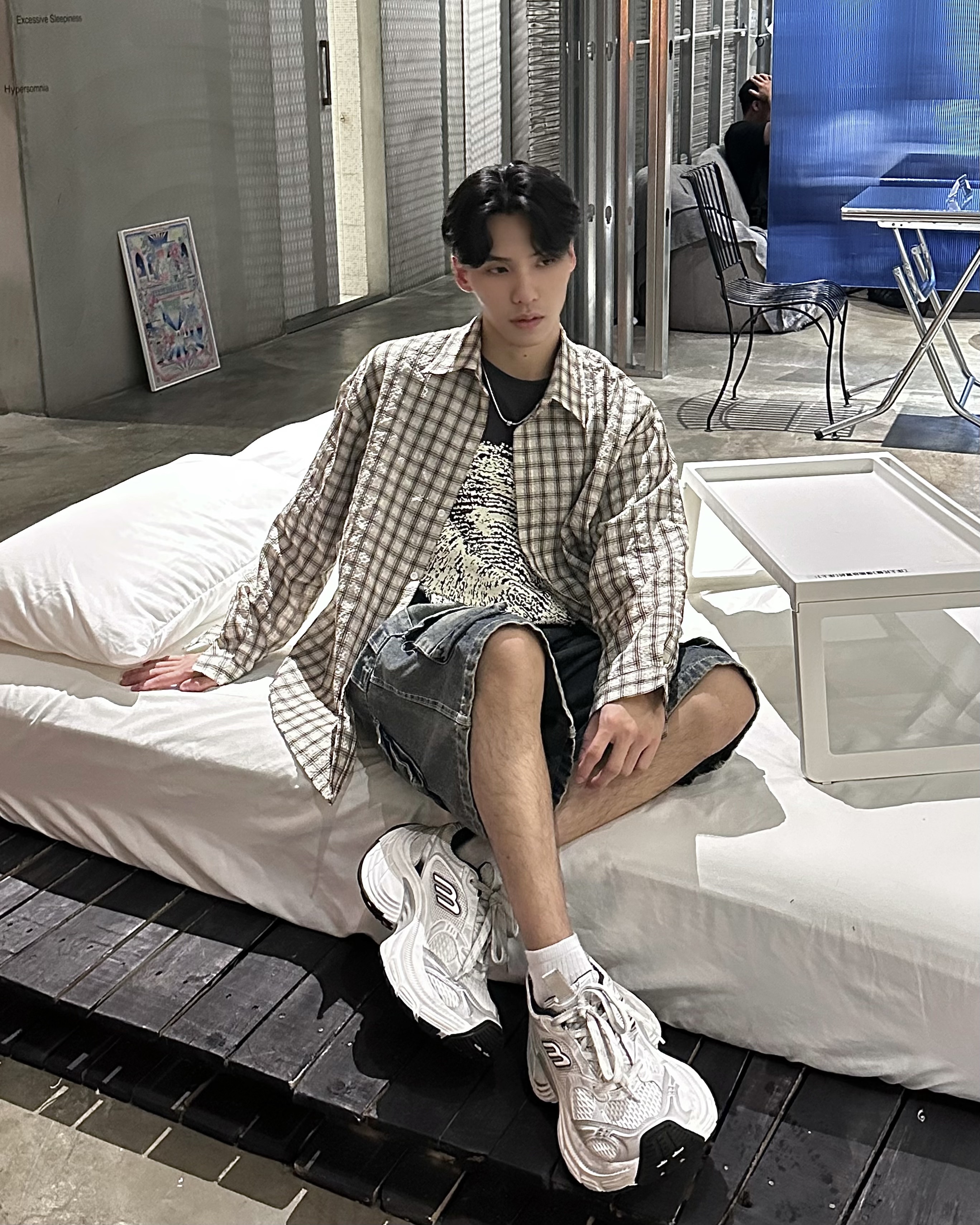 𝐇·𝐓·𝐒 韓國 墨格餘光 美式復古 格紋 撞色 條紋 寬鬆 長袖 外搭 襯衫