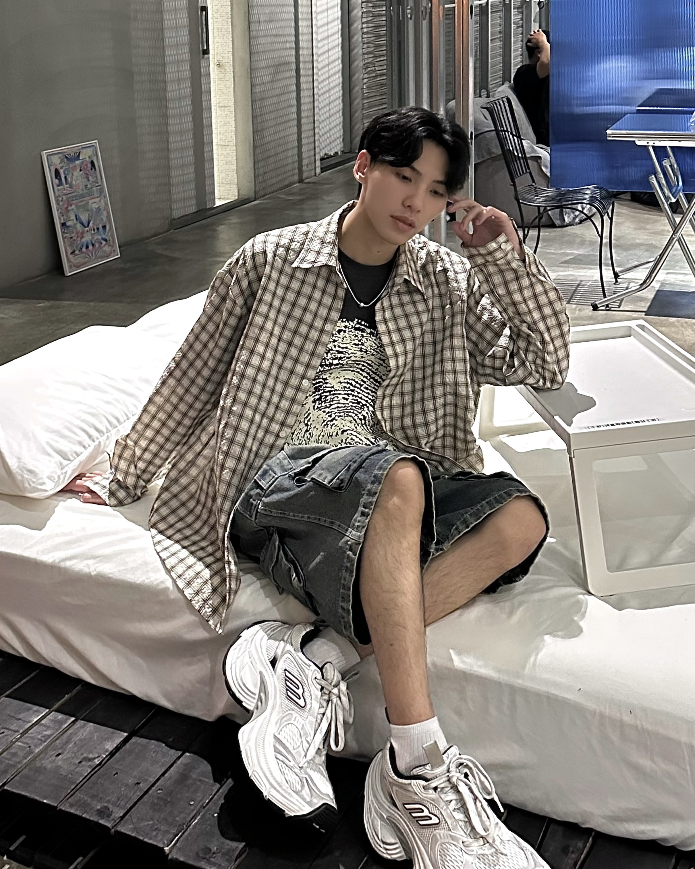 𝐇·𝐓·𝐒 韓國 墨格餘光 美式復古 格紋 撞色 條紋 寬鬆 長袖 外搭 襯衫