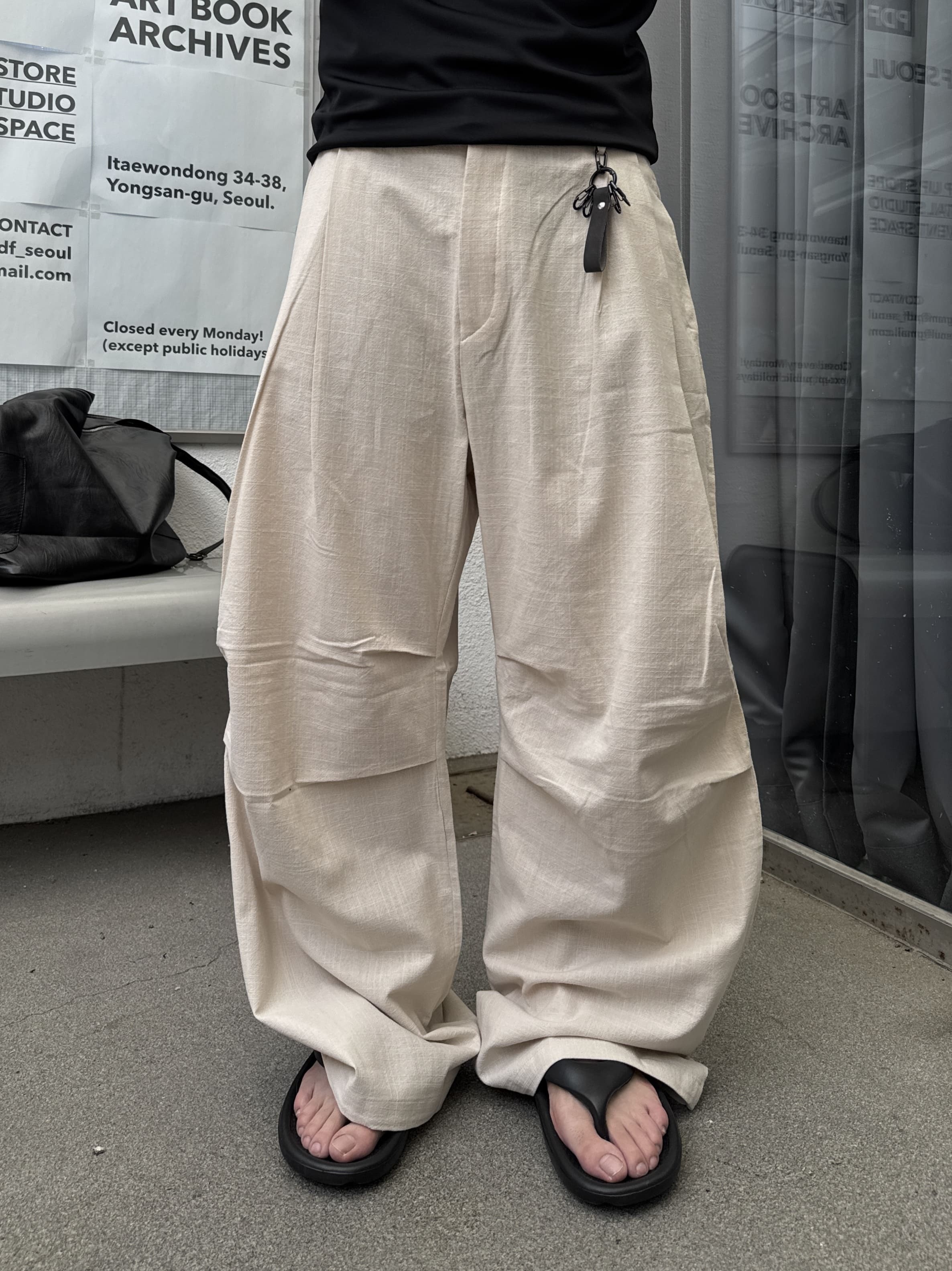 極簡乾淨 雙層 打褶 顯高 亞麻 落地 寬褲