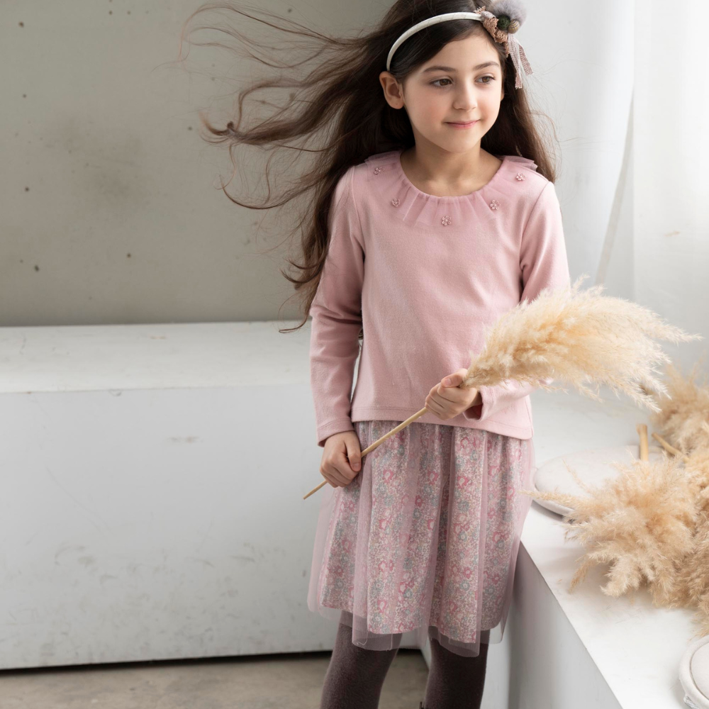 PIPPY 優雅蕾絲領片長袖連身裙洋裝 粉