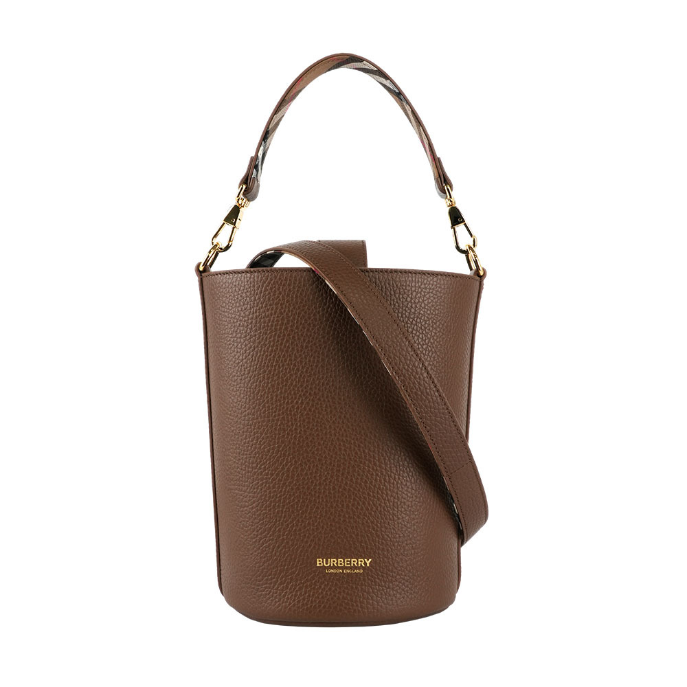 【Burberry】金色Logo 素面粒紋牛皮小款水桶包(土棕色)