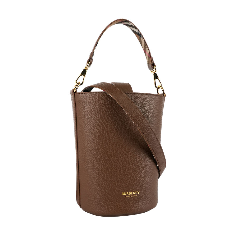 【Burberry】金色Logo 素面粒紋牛皮小款水桶包(土棕色)