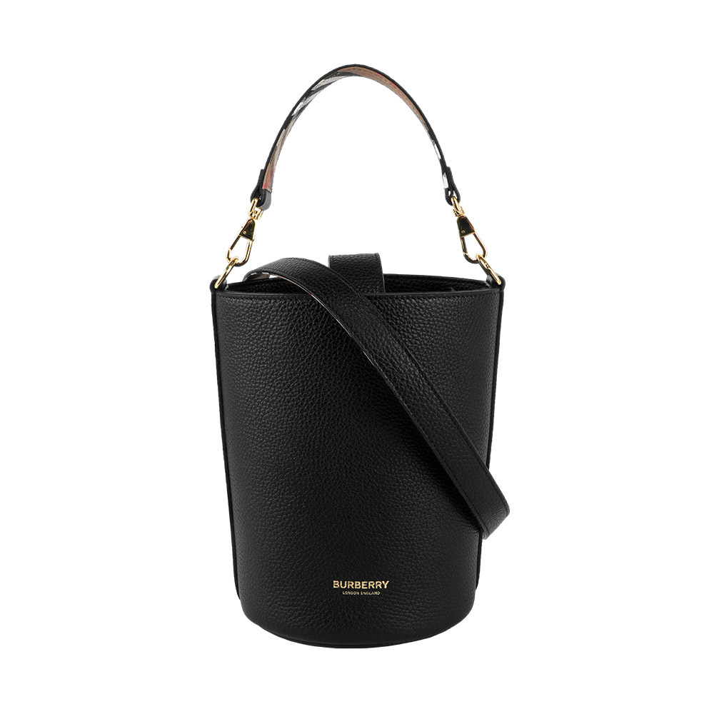 【Burberry】金色Logo 素面粒紋牛皮小款水桶包(黑色)
