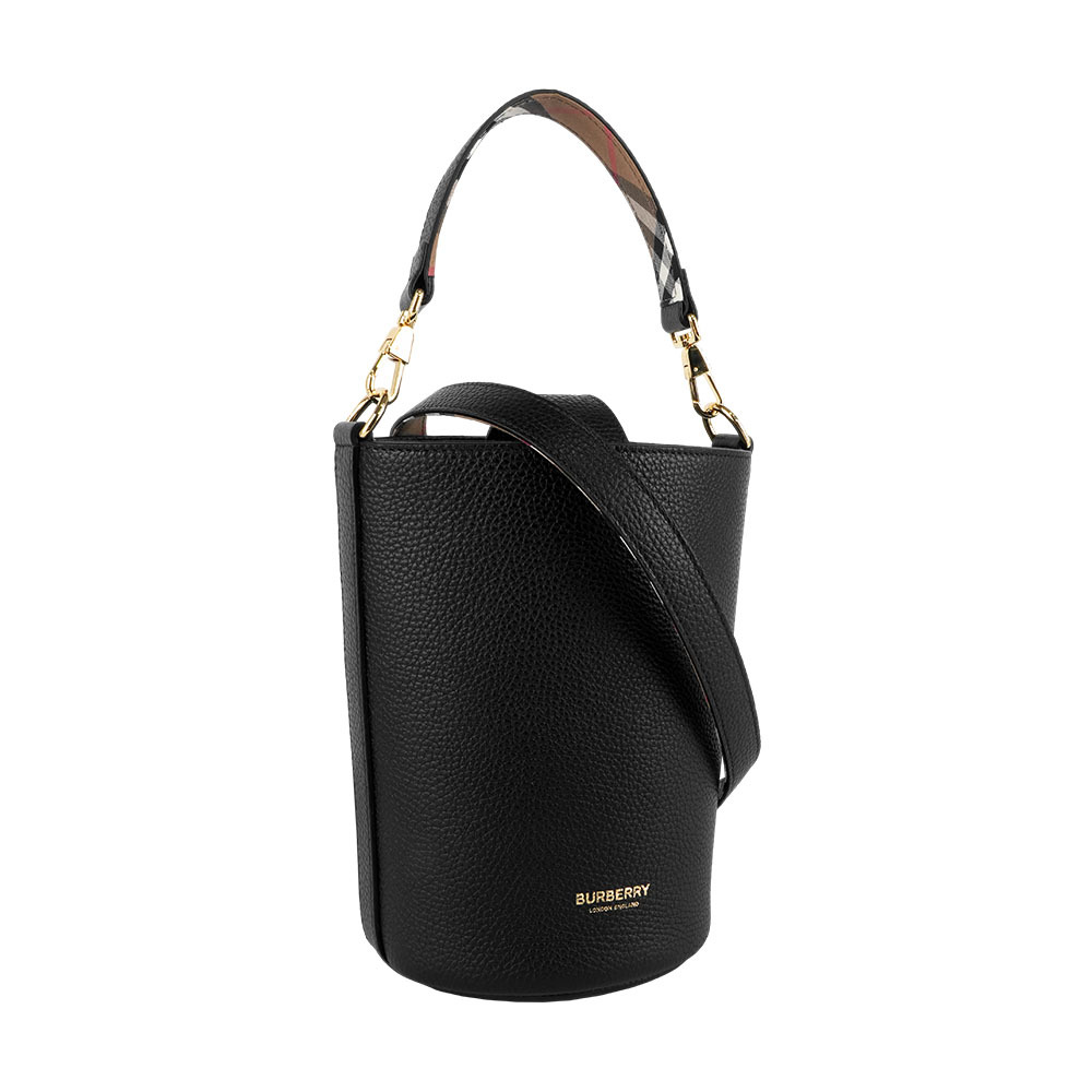 【Burberry】金色Logo 素面粒紋牛皮小款水桶包(黑色)