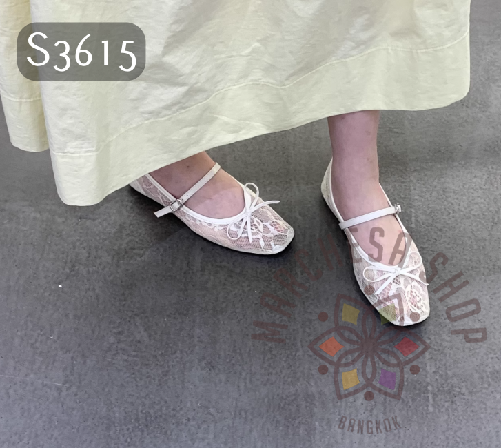 S3615 - 牛皮網紗蕾絲蝴蝶結方頭平底鞋