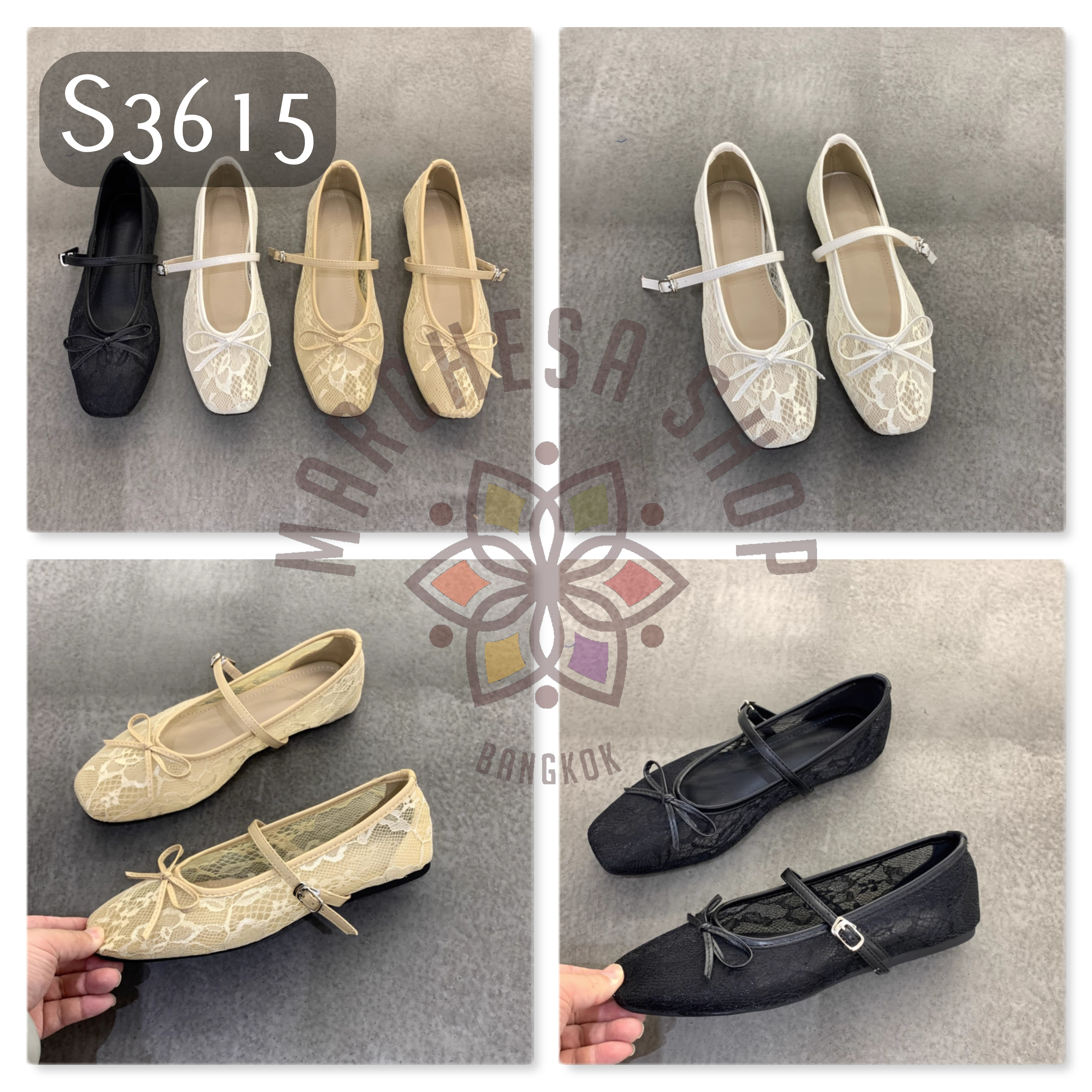 S3615 - 牛皮網紗蕾絲蝴蝶結方頭平底鞋