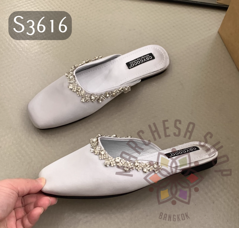 S3616 - 牛皮絲綢閃鑽方頭平底涼拖