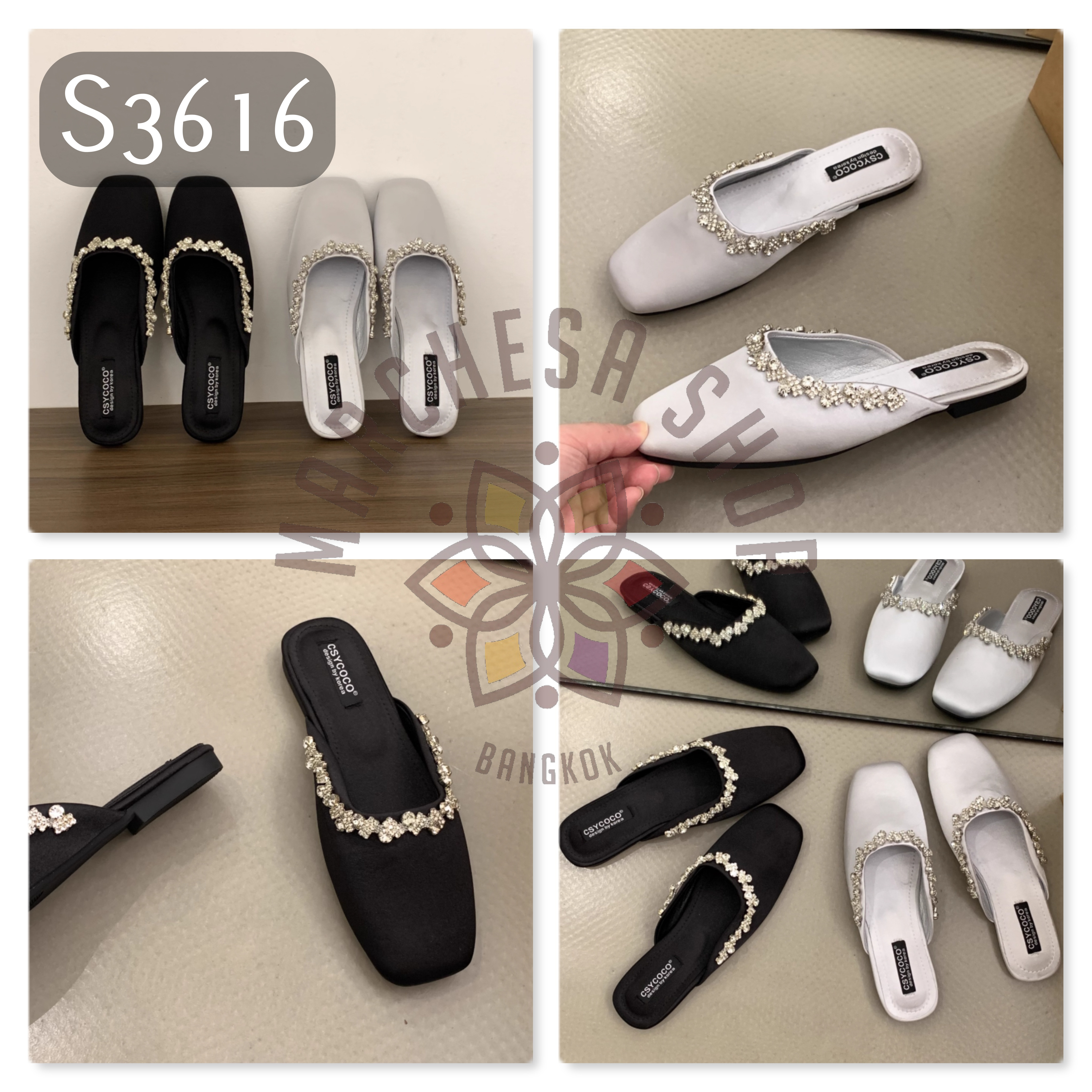 S3616 - 牛皮絲綢閃鑽方頭平底涼拖