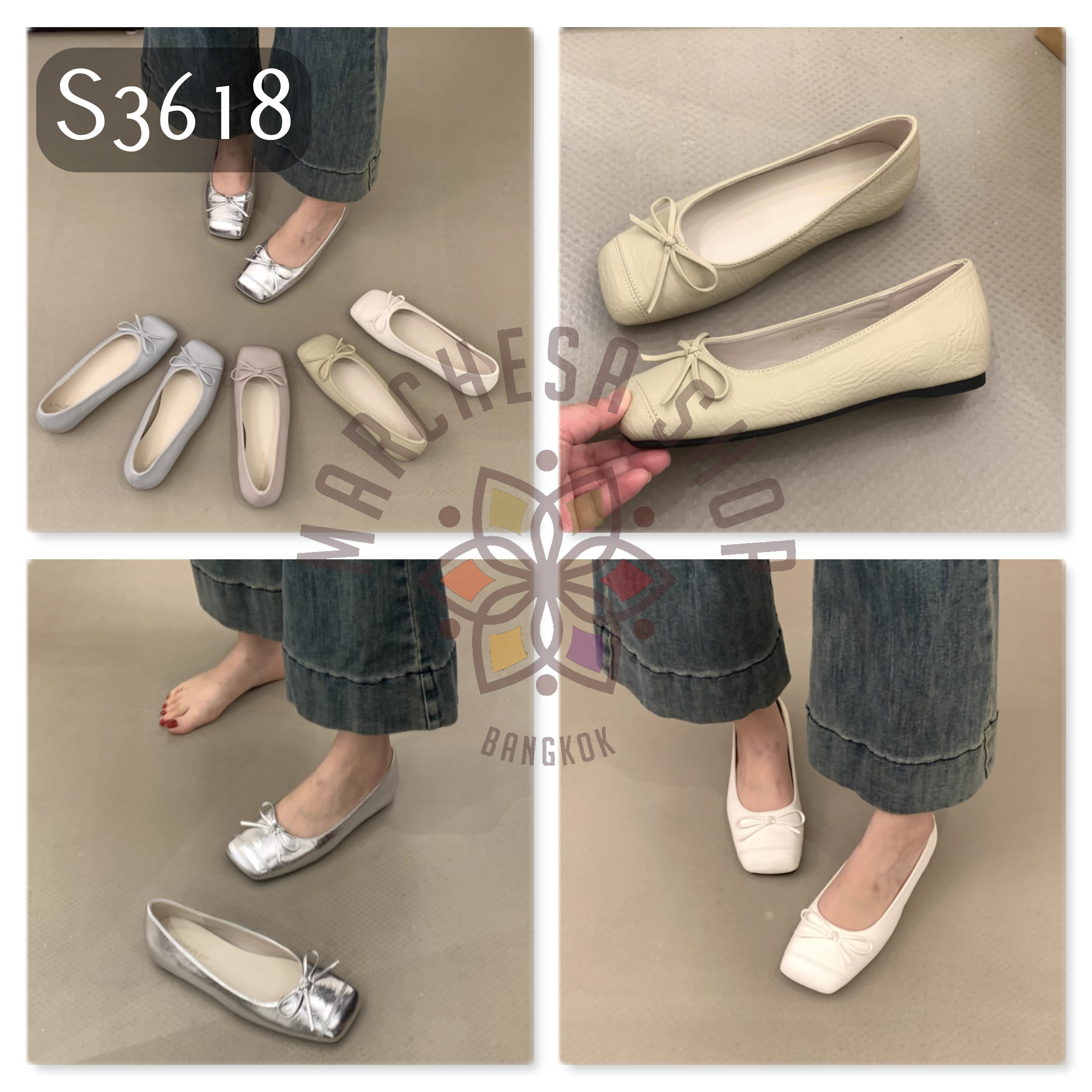 S3618 - 牛皮壓紋拼接蝴蝶結方頭平底鞋