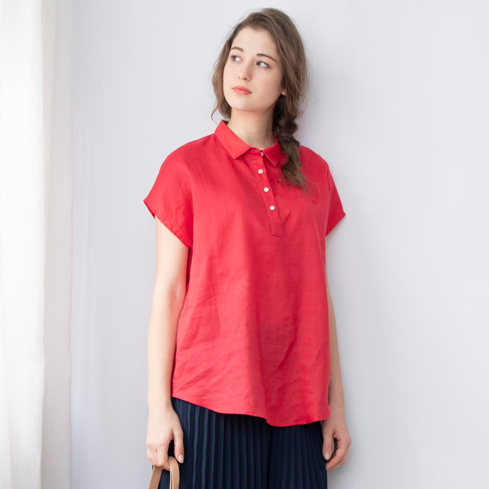 PIPPY 亞麻蓋袖小翻領襯衫上衣 開運紅