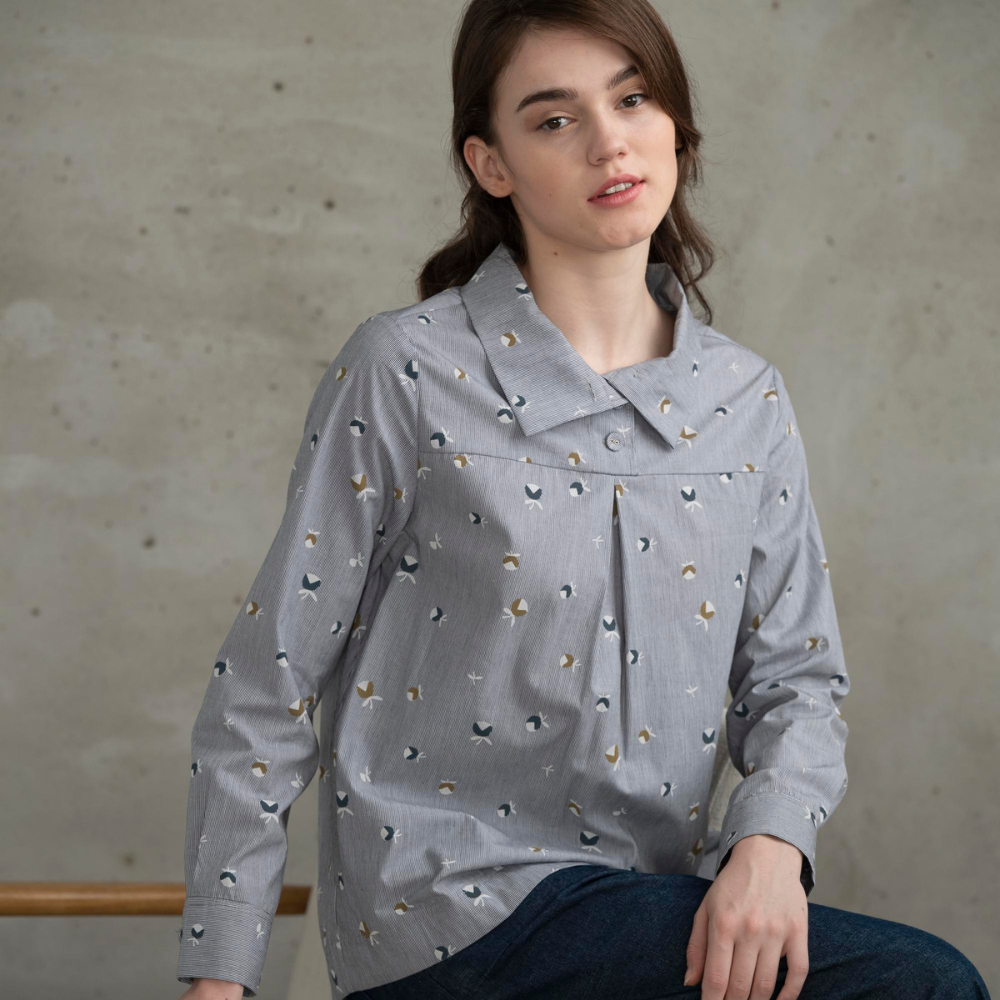 PIPPY 翻領直條蒲公英花襯衫式長袖上衣 灰