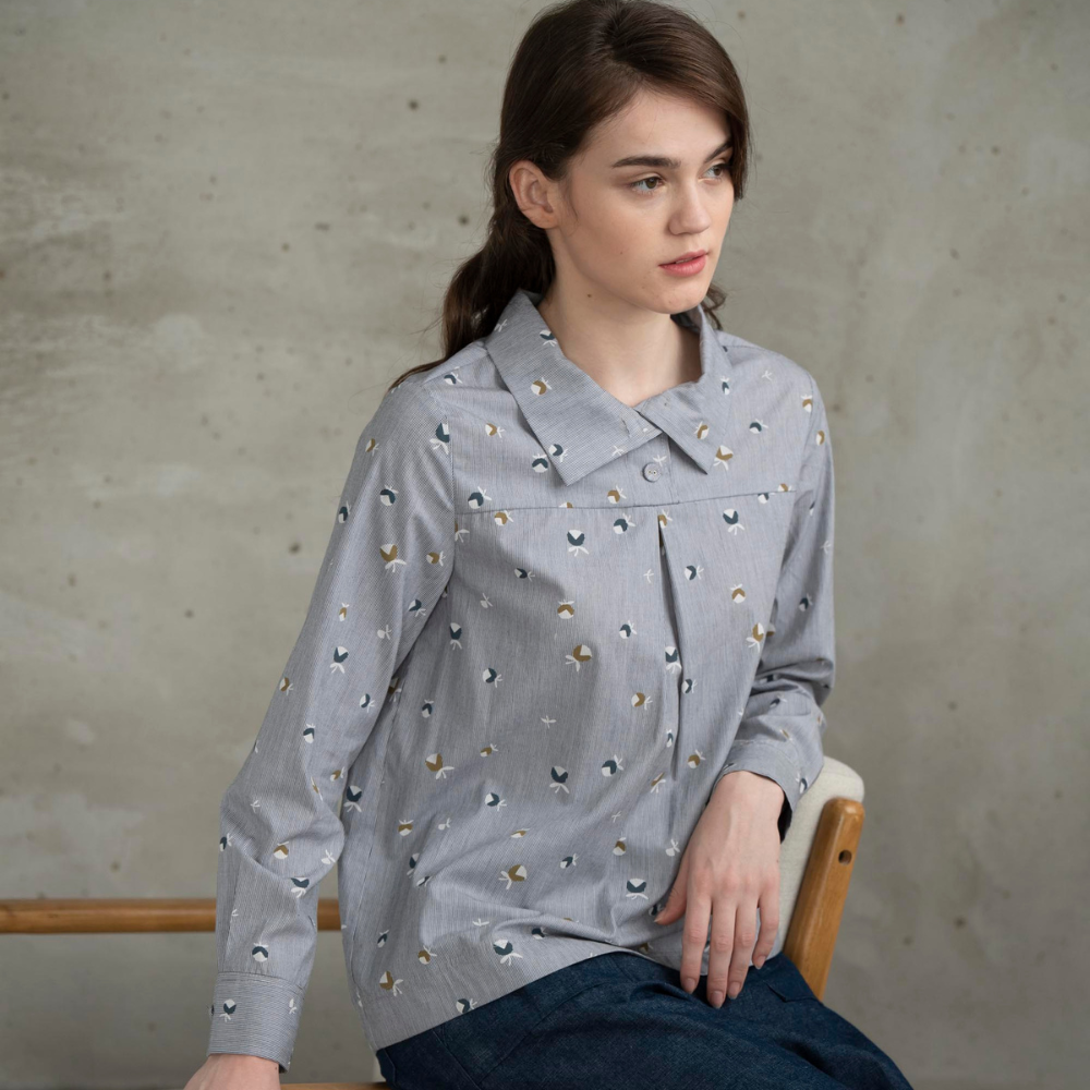 PIPPY 翻領直條蒲公英花襯衫式長袖上衣 灰