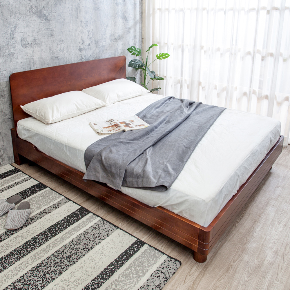 出清-迪恩5尺雙人實木床架/床組-附插座收納型床頭片+床底-深胡桃