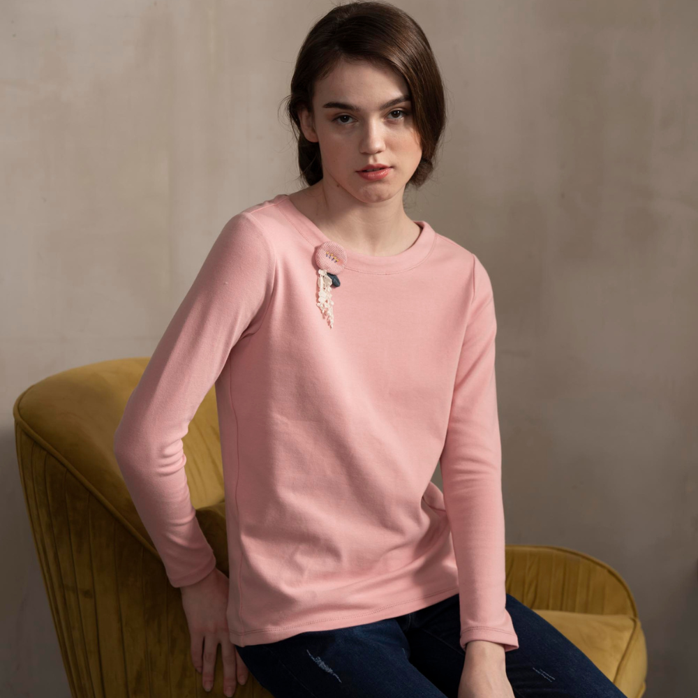 PIPPY 素面前短後長棉質圓領上衣 粉