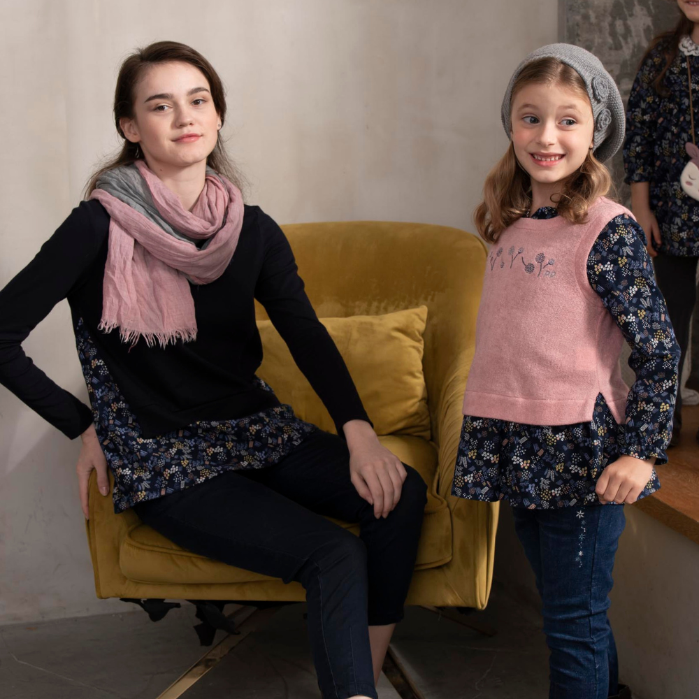 PIPPY拼接印花假兩件彈性棉上衣 藍