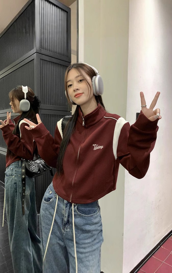 American Colorblock Cropped Baseball Jacket