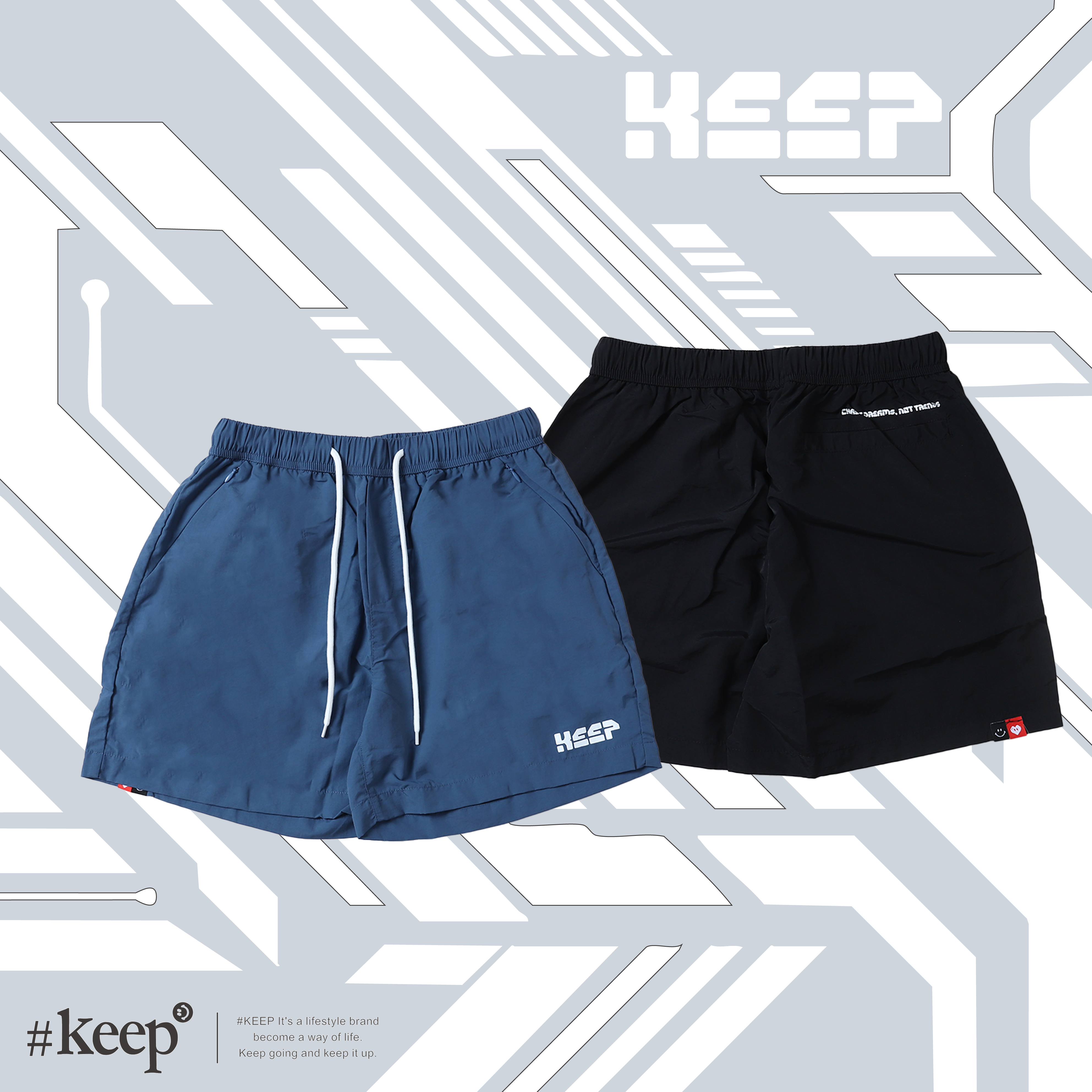 #KEEP FUNCTIONAL SHORTS 黑色 藍色 紅標 防潑水 抽繩 隱形拉鍊 印花 沙灘 海灘褲 機能 慢跑 短褲【KS302】