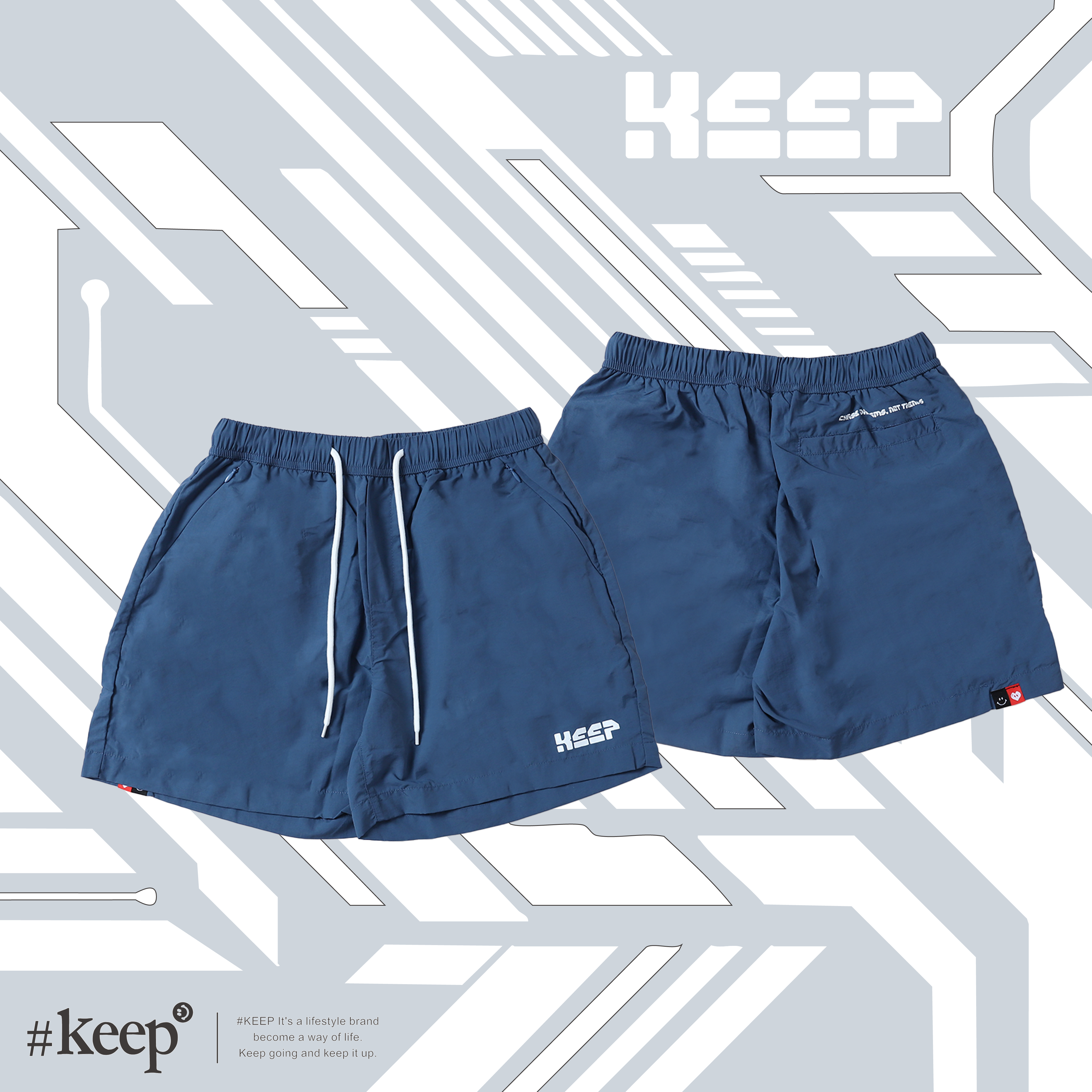 #KEEP FUNCTIONAL SHORTS 黑色 藍色 紅標 防潑水 抽繩 隱形拉鍊 印花 沙灘 海灘褲 機能 慢跑 短褲【KS302】