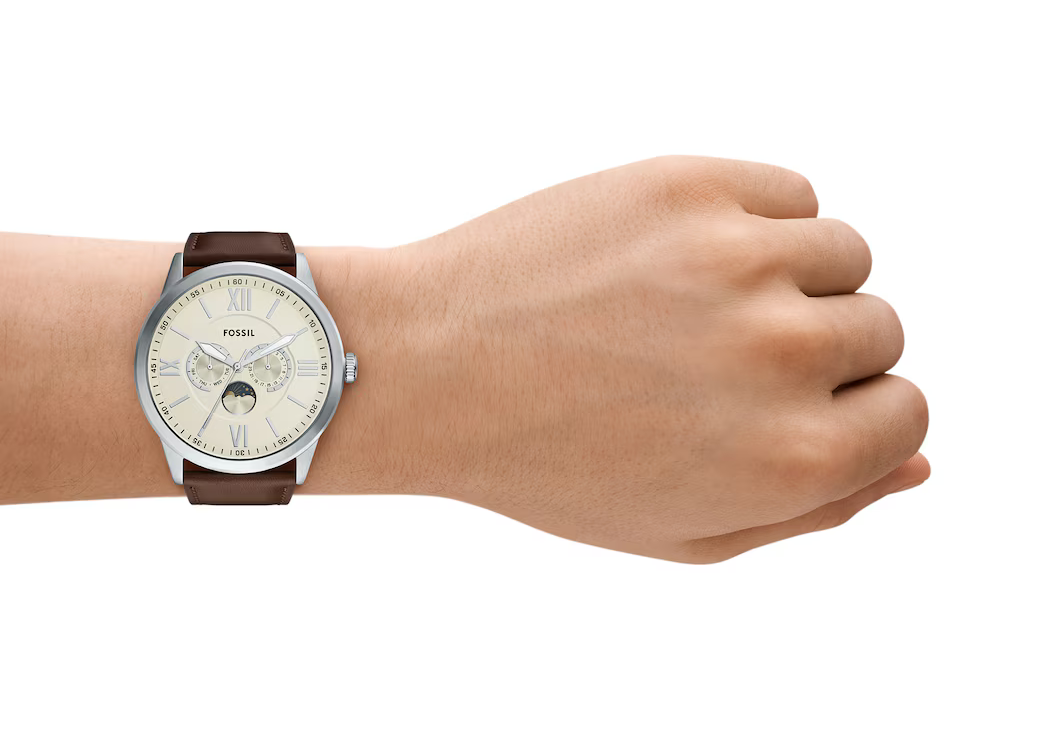 萬年鐘錶 - Fossil   經典月相星期日期顯示皮革款男錶 BQM7085  錶徑48MM