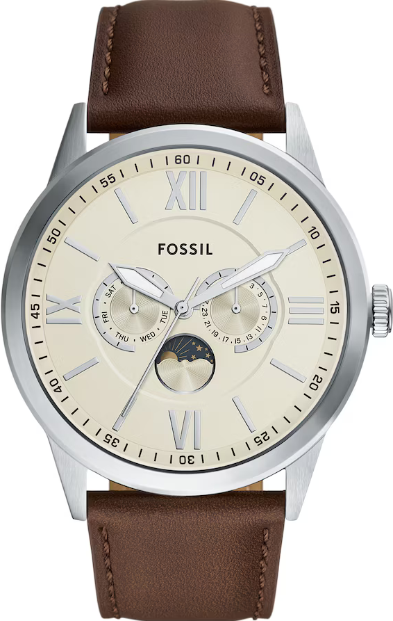 萬年鐘錶 - Fossil   經典月相星期日期顯示皮革款男錶 BQM7085  錶徑48MM