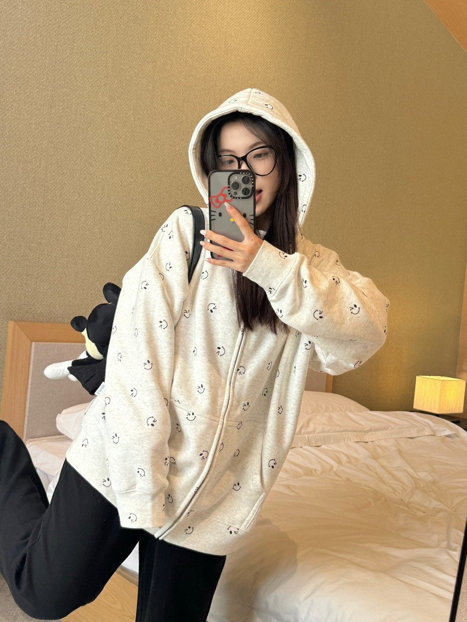 Smiley Face Print Zip-Up Hoodie Jacket