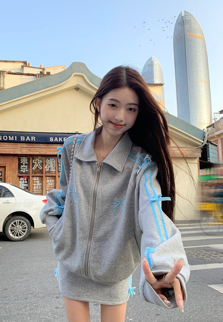 Korean Embroidered Bow Long Sleeve Sweatshirt Jacket