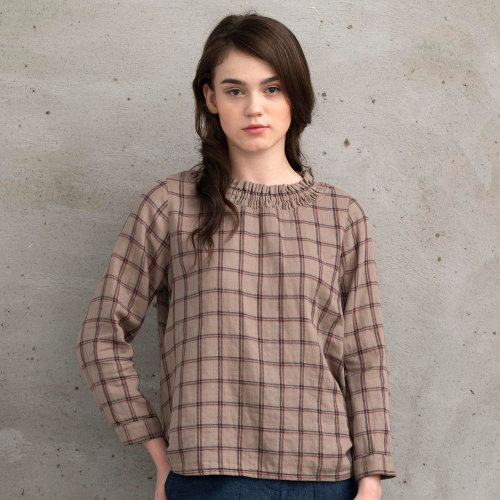 PIPPY 經典格紋抽皺領圍棉質上衣 卡其