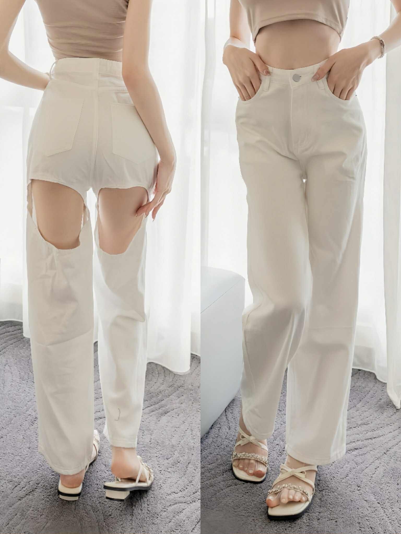 🤍後挖洞辣妹丹寧牛仔褲（白色S/M）