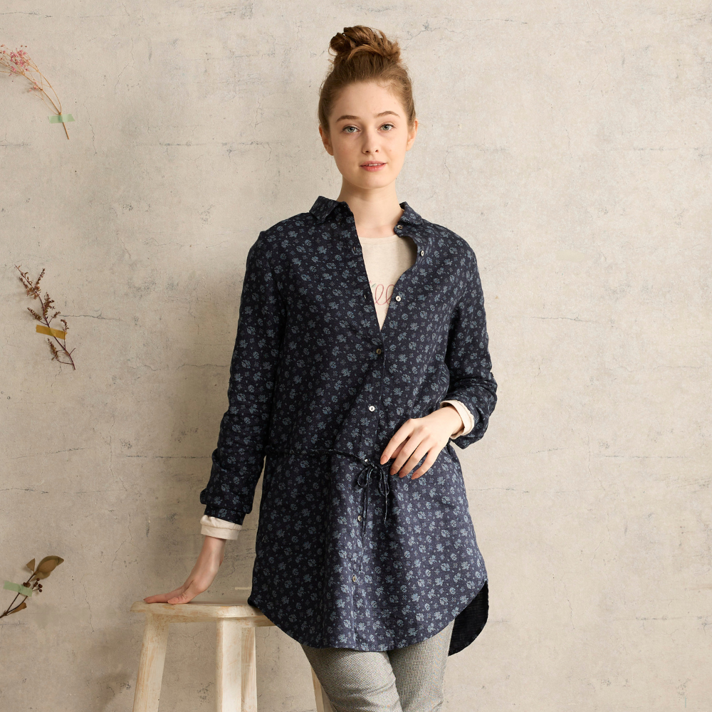 PIPPY純棉印花綁帶長版上衣 丈青